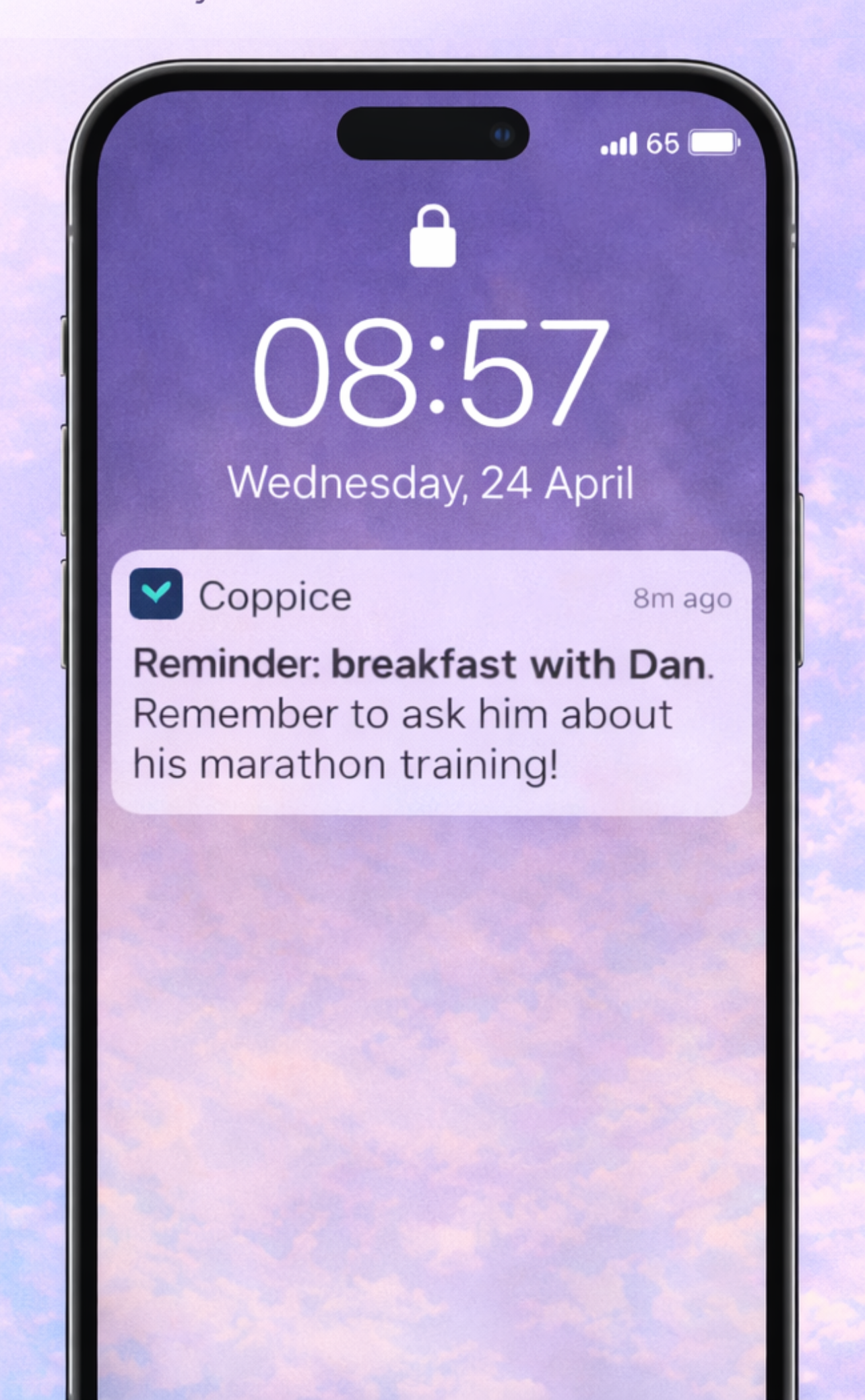 Coppice AI relationship manager — iPhone lock screen nudge reminding user to reach out before a meeting