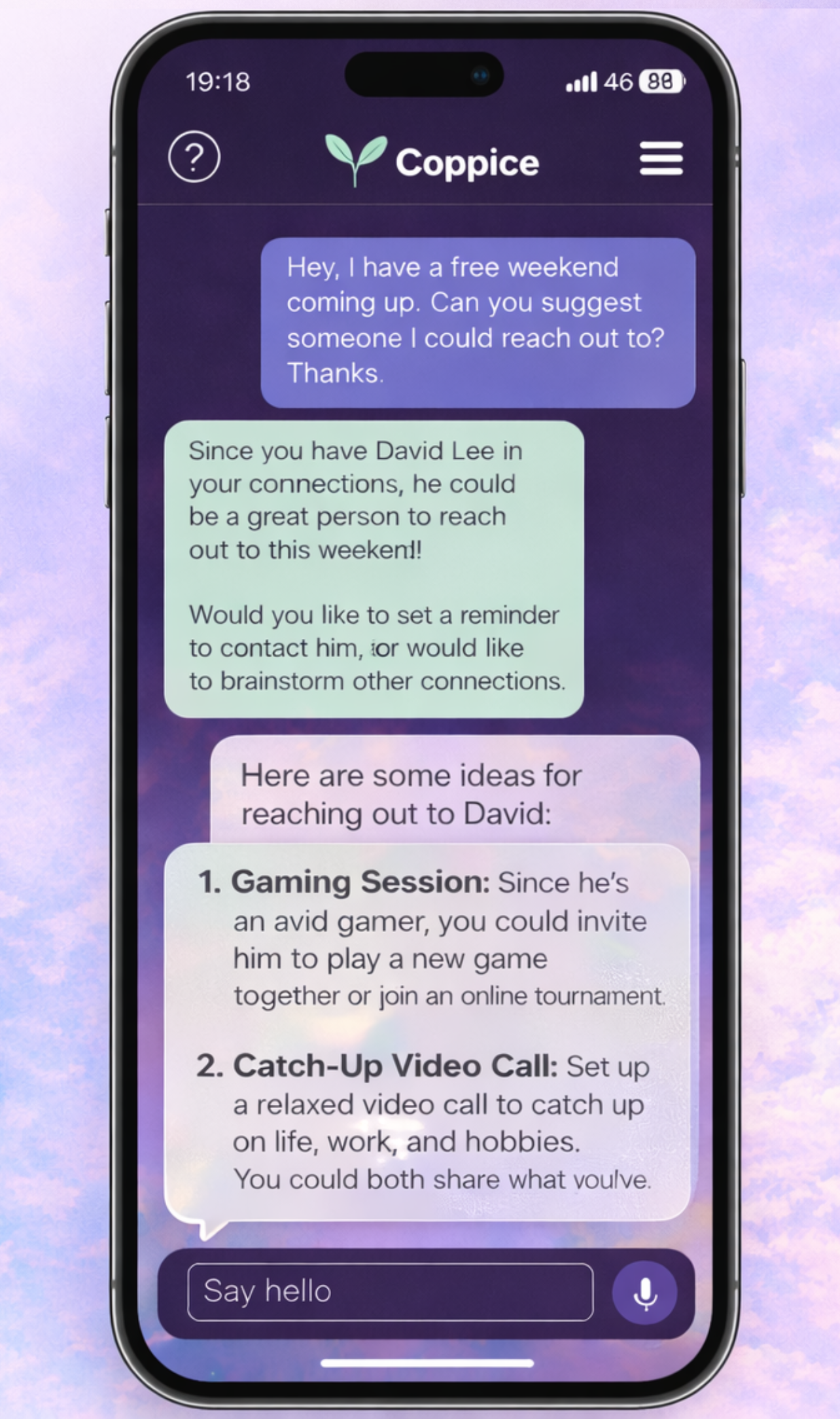 Coppice app on iPhone — AI suggesting who to reach out to this weekend